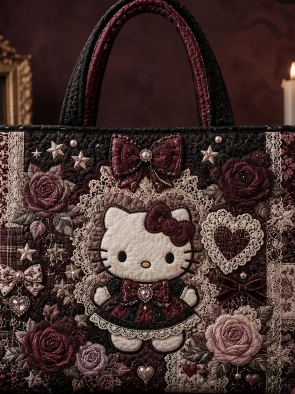 Hello Kitty Quilted Tote Bag in Burgundy - Picture 2 of 3